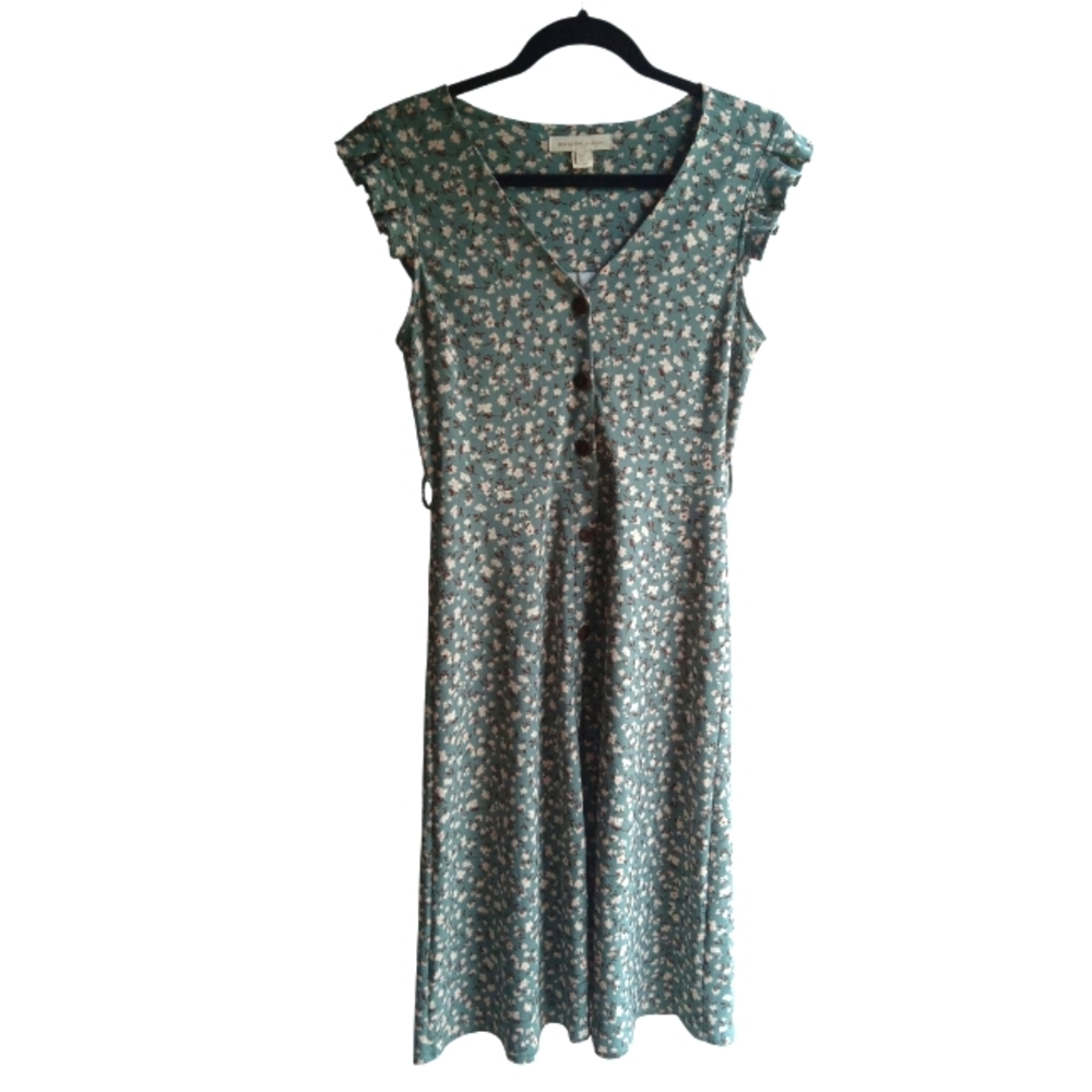 🍁4/$10 Floral Dress Teal/Green Cottagecore Midi Buttons V-Neck Small Monteau
